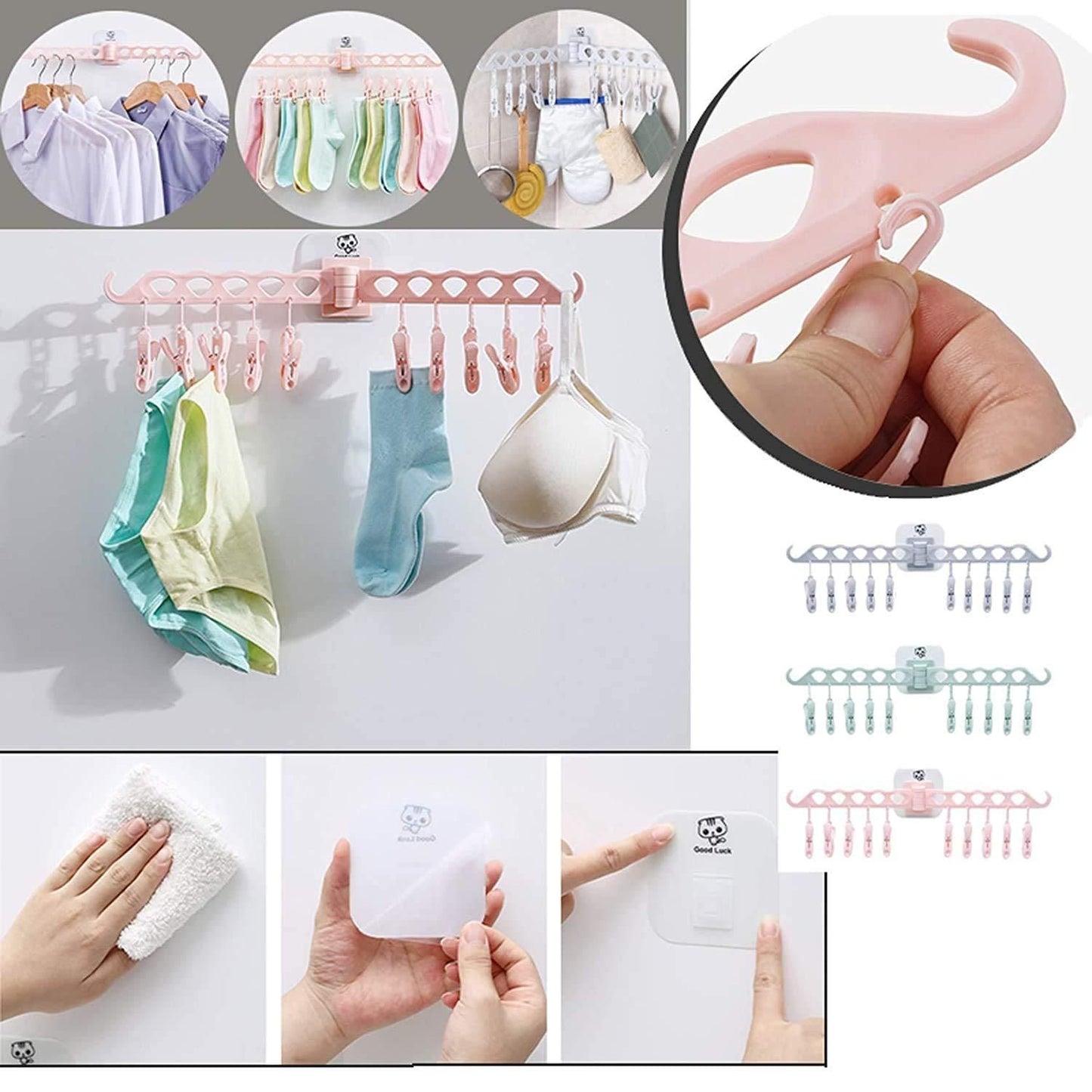 Wall Mounted Foldable Multi-Function 10 Clip Cloth Hanger